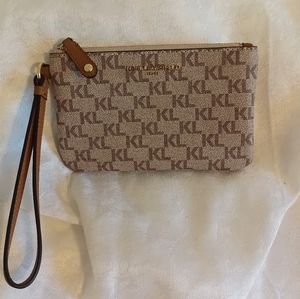 Karl Lagerfeld NWOT brown and tan KL coated canvas wristlet